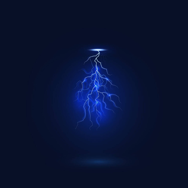 Lightning thunderbolt, realistic thunderstorm bolt light effects. Rainstorm electric discharge, strike or energy flash with glowing white light flares in dark blue sky. Vector illustration - Vettoriali, immagini