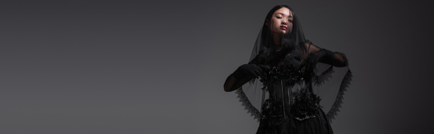 молодая азиатская модель в готическом наряде с черной вуалью, позирующая изолированно на сером, баннере - Фото, изображение