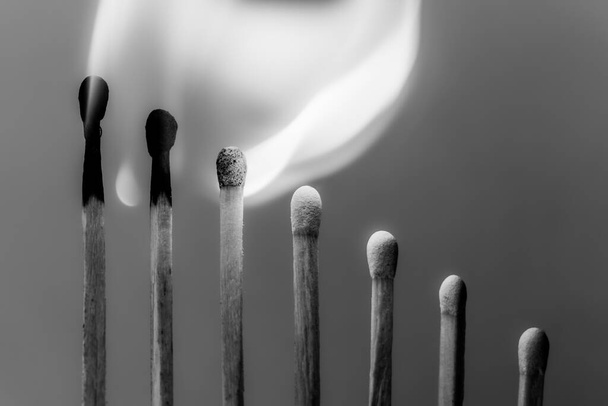 Wooden matchsticks burning in sequence. Black and white colors. Selective Focus. - Zdjęcie, obraz