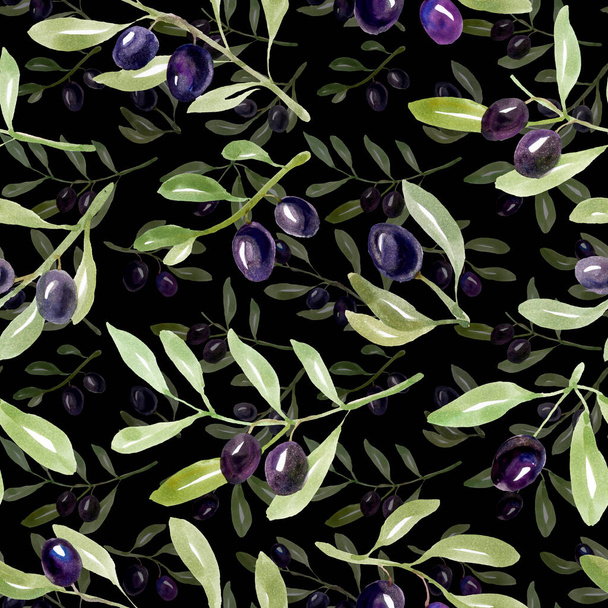 Seamless pattern with olive branches. Elegant watercolor background. - 写真・画像