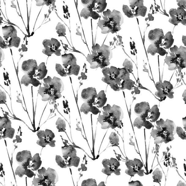 art monochrome white and black vintage watercolor and graphic floral seamless pattern with roses isolated on white background - Fotoğraf, Görsel