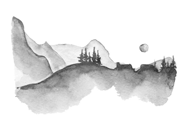 Ландшафтная живопись сосен, далеких гор, облаков и восхода солнца. Китайский стиль живописи тушью и пейзажем. - Фото, изображение