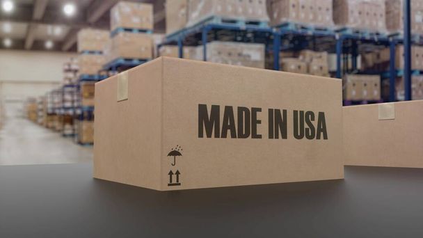 Коробки с текстом MADE IN USA на роликовом конвейере. 3d иллюстрация. - Фото, изображение