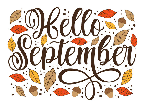 Hello September - typography with hand drawn autumn leaves. Good for greeting card, poster, label, home decor and other decoration. - Wektor, obraz
