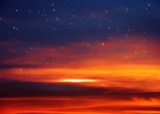 dramatic cloudy starry sky star fall and orange sunset at summer night cloudy seascape nature background weather forecast - Foto, Imagem