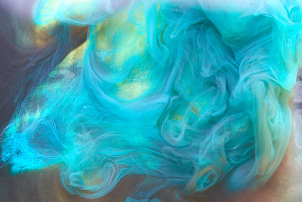 Multicolored emerald azure smoke abstract background, acrylic paint underwater explosion - Φωτογραφία, εικόνα