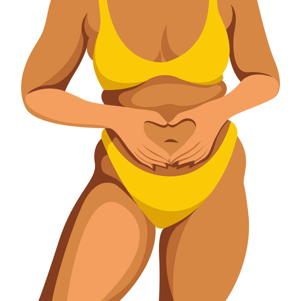 vector illustration on the theme of body positivity. a young plump girl is not shy about her belly fat rolls. folds his heart from his palms on his stomach. isolated on white background. love yourself - Vecteur, image