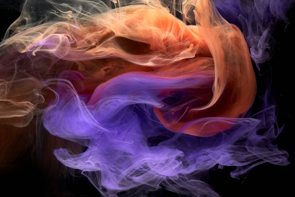 Blue orange multicolored smoke abstract background, acrylic paint underwater explosion - Foto, afbeelding