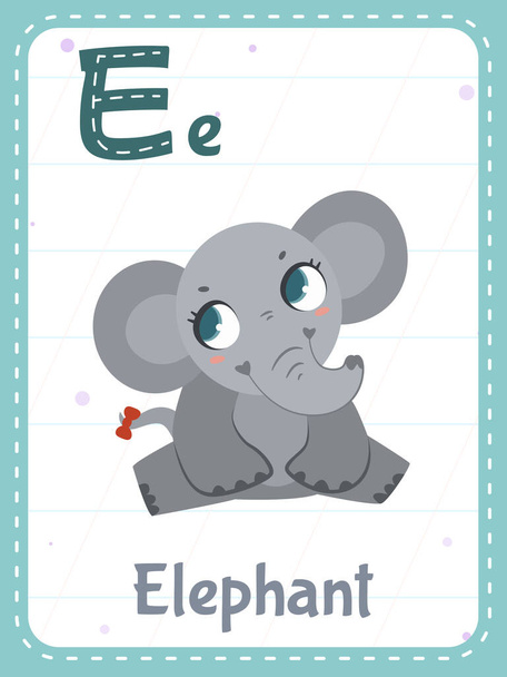 Alphabet flashcard with letter E. Cartoon cute elephant animal picture and english word on flash card for children education. School memory cards for kindergarten kids flat vector illustration. - ベクター画像