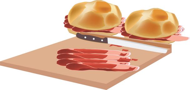 cutting board with slices of raw ham and sandwich - Vector, Image