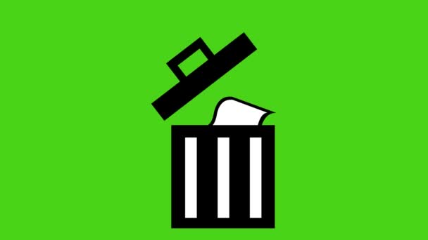Loop animation of a trash can icon and a sheet of paper, in concept of deleting file from a pc. On a green chroma key background - Séquence, vidéo
