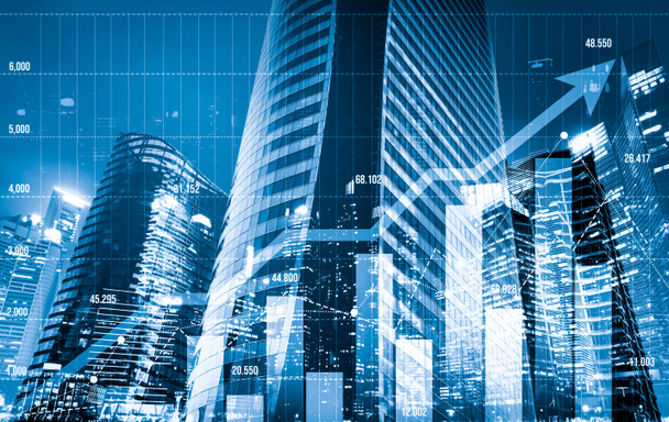 Stock market business concept. Financial graphs and digital indicators with modernistic urban area and skyscrapers as background. Double Exposure. - Photo, Image
