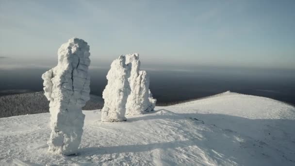 Légi téli kilátás óriások a Manpupuner-fennsík, Komi Köztársaság. Csípés. Hóval borított földtani emlékek - Felvétel, videó