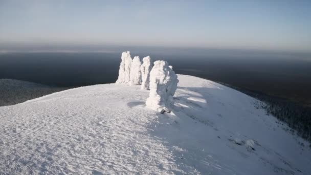 Légi téli kilátás óriások a Manpupuner-fennsík, Komi Köztársaság. Csípés. Hóval borított földtani emlékek - Felvétel, videó