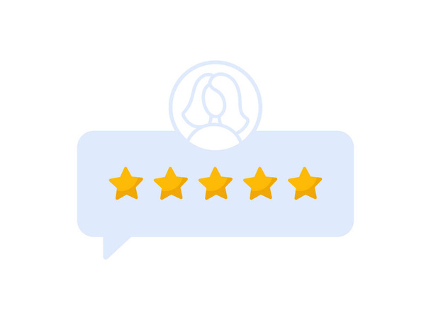 Woman satisfied customer give rating 5 stars. People feedback vector illustration by giving 5 star rating. Flat girl online shopping with give 5 rating and review. - ベクター画像