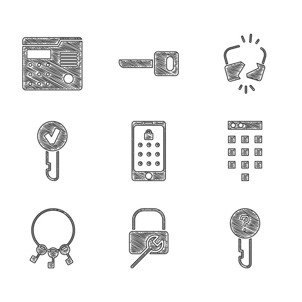 Set Mobile and graphic password Lock repair Undefined key Password protection Bunch of keys Key Broken cracked lock and House intercom system icon. Vector. - Vektori, kuva
