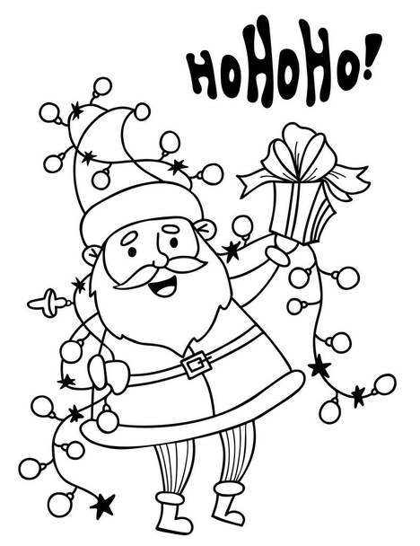 Father christmas cartoon. Cute old Santa Claus with garland, Christmas balls and box with gift. Vector illustration. Linear hand drawing, doodle - Vecteur, image