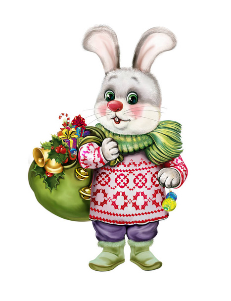 Funny cartoon hare with a bag of gifts, a symbol of 2023 on the Chinese calendar, Merry Christmas and Happy New Year greeting card, isolated image on a white background - Photo, Image