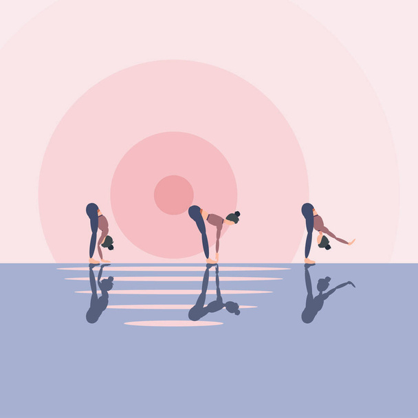 Sports support health and spiritual harmony, yoga three poses on the street near the water at dawn. Vector illustration - Vecteur, image