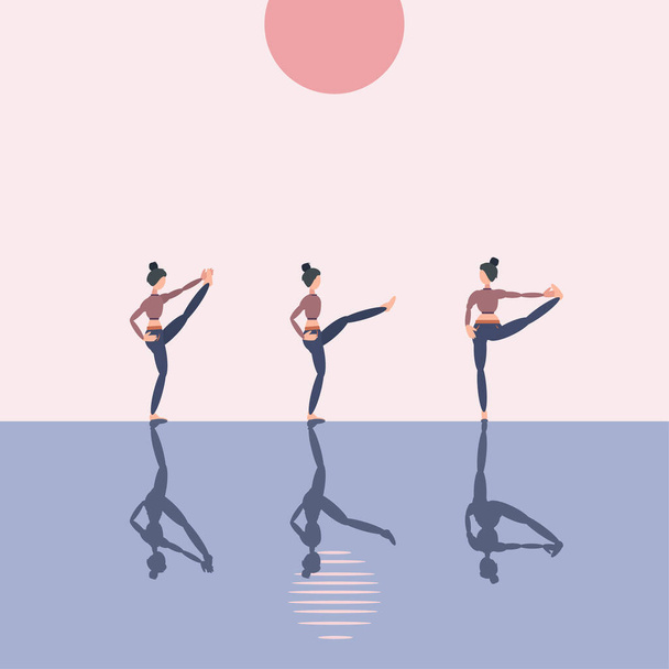 Спорт поддерживает здоровье и духовную гармонию, йога три позы на улице возле воды в полдень. Векторная иллюстрация - Вектор,изображение