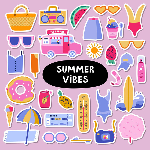 Trendy set of stickers about summer holiday, tropical beach, hot summer rest for planners. Ready for print list of stickers. Hand drawn vector vacation set with seasonal drinks, entertainment, outfit - Vector, afbeelding
