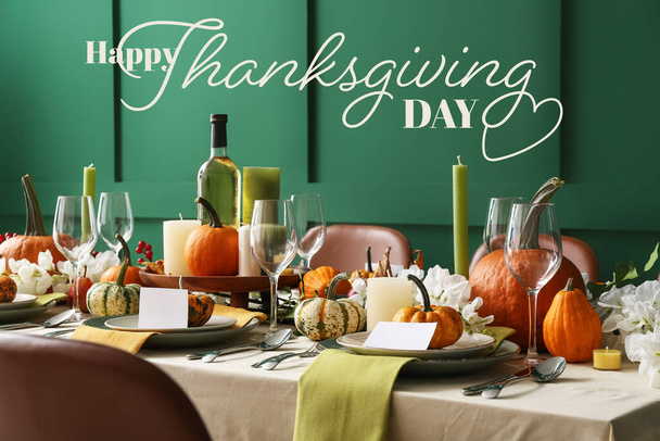 Greeting card for Thanksgiving Day with beautifully served table at home - Fotografie, Obrázek