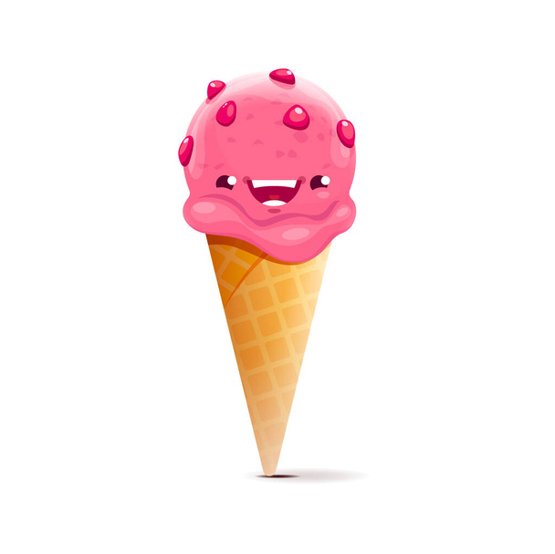 Характер десерту з мультяшного морозива, суничний вафельний конус зі зморшками. Ізольований вектор усміхнений десерт, розтоплена рожева кулька з краплями у вафельній чашці. Забавна закуска
 - Вектор, зображення
