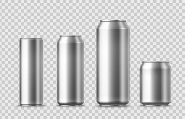 Realistic beer, soda aluminium cans, silver drink mockups. Isolated vector metal 3d tin jars front view. Metallic tubes and tall blank canisters with lemonade, juice, coffee or invigorating beverage - Vektor, kép