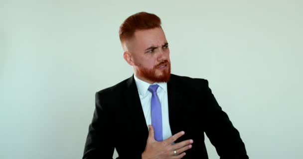 Business man feeling nauseated, redhead person nausea reaction - Video, Çekim
