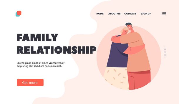 Family Relationship Landing Page Template. Happy Lovers Dating, Love Feelings, Romance Emotions. Male and Female Characters Hugging. Couple Man and Woman Embrace. Cartoon People Vector Illustration - ベクター画像