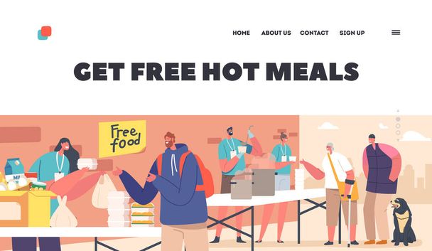 Poor People Get Free Hot Meals Landing Page Template. Volunteers Distribute Food at Shelter Helping Bums, Refugees, Beggars or Homeless Characters, Emergency Housing. Cartoon Vector Illustration - Vector, imagen