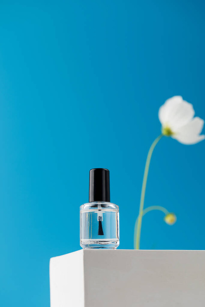 Transparent nail polish stands on a podium on a blue background with a white flower. - Fotó, kép