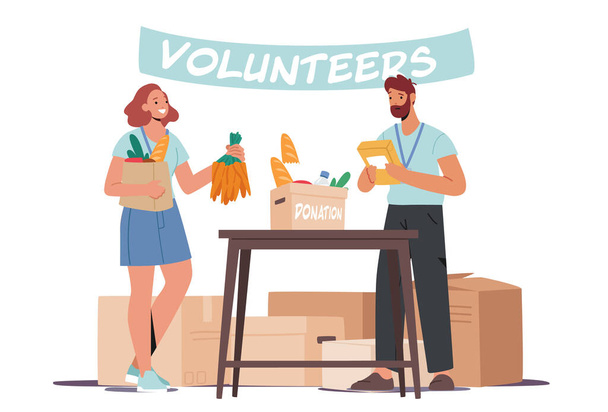 Volunteer Characters Distribute Donated Food. Man and Woman Helping to Poor People Stand at Desk with Products in Donation Box. Volunteering Charity, Fight with Hunger. Cartoon Vector Illustration - Vector, Imagen