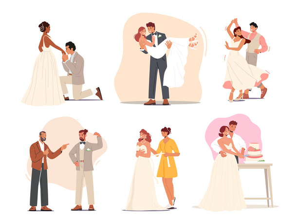 Set Groom and Bride Wedding Ceremony, Man Carry Woman on Hands, Kiss Hand, Couple Dance and Cut Cake Together. Happy Newlywed Characters Celebrate in Festive Costumes. Cartoon Vector Illustration - ベクター画像