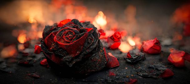 Heartbroken concept by half burnt rose leaving some into black ashes and embers. Digital art 3D illustration. - Foto, afbeelding