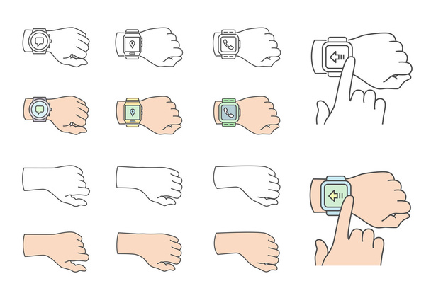 handen met smartwatch pictogrammen - Vector, afbeelding
