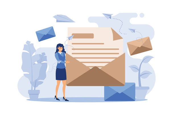Cartoon woman holding huge envelope with letter flat vector illustration. Working process, new email message, office paper and mail delivery. Business and communication concept. flat design modern illustration - Vektori, kuva