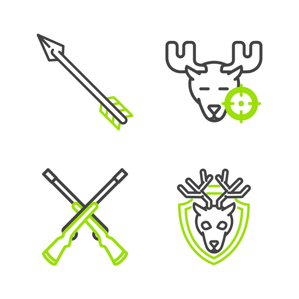 Set line Deer head with antlers on shield Two crossed shotguns Hunt moose crosshairs and Hipster arrow icon. Vector. - Vektör, Görsel