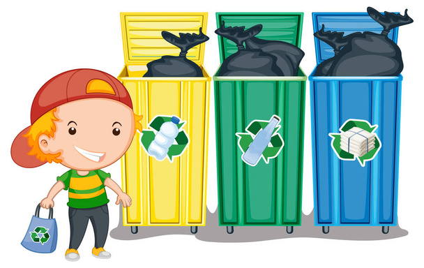 Niño pequeño parado al lado de contenedores de reciclaje ilustración - Vector, Imagen