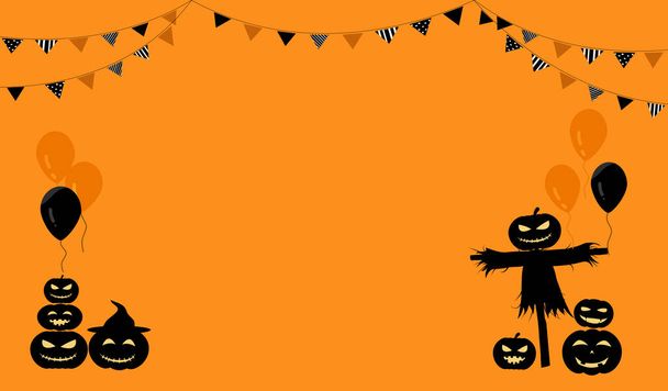Happy Halloween banner vector illustration, spooky shadow Jack O lantern head scarecrow with pumpkin, balloon and beautiful decorative party flag on orange background with copy space, Autumn holiday decorating celebration. - Vektör, Görsel