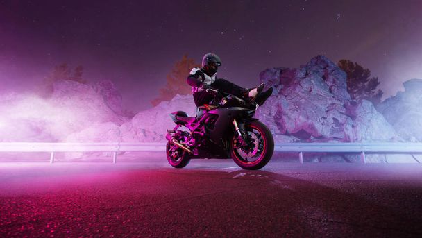 Moto rider making a stunt on his motorbike. Motorcycle stunt riding. - Foto, imagen