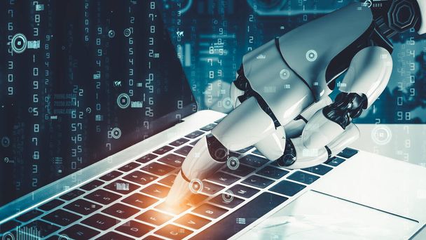 Robot futurista inteligencia artificial revolucionario desarrollo de la tecnología de IA y el concepto de aprendizaje automático. Investigación científica biónica robótica global para el futuro de la vida humana. Gráfico de representación 3D. - Foto, imagen
