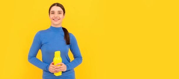 Woman isolated face portrait, banner with copy space. happy young girl with sport bottle with water, thirst - Photo, Image
