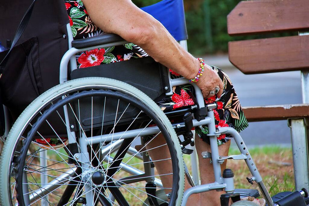 Side view of an old lady in wheel chair at the park. - Foto, afbeelding