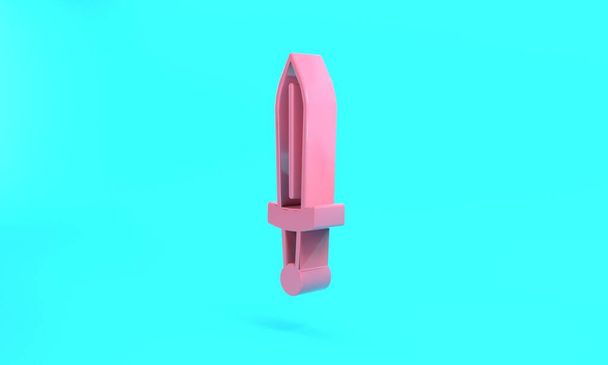Pink Medieval sword icon isolated on turquoise blue background. Medieval weapon. Minimalism concept. 3D render illustration. - Photo, image