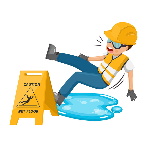 Wet floor warning and caution sign to avoid falls and accidents. Worker slipping in a puddle of water. Industrial safety and occupational health at work - Vetor, Imagem