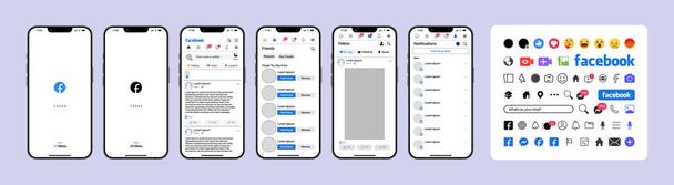 Facebook design. Screen social media, social network interface template. Homepage, recommendations, subscriptions, communication. Screenshots from iPhone. Stories, liked. Editorial illustration. - ベクター画像