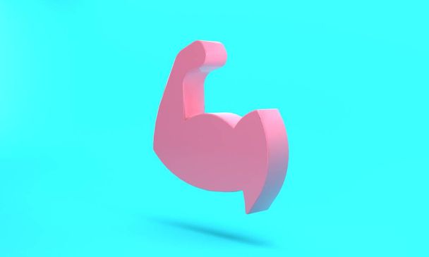 Pink Bodybuilder showing his muscles icon isolated on turquoise blue background. Fit fitness strength health hobby concept. Minimalism concept. 3D render illustration. - Foto, immagini