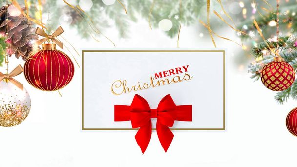 Merry Christmas red gold ball and gift box with  greetings card on colorful pine tree branch  snow flakes and gold confetti  blurred bokeh light winter banner background template copy space - Zdjęcie, obraz