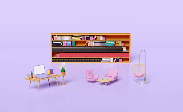 3d письмовий стіл в офісі з портативним комп'ютером на столі, підручником, книгою, чашкою кави, кріслом для прийому диванів, книжковими полицями в бібліотеці, висячим стільцем ізольованим на фіолетовому фоні. 3D візуалізація, відсічний контур
 - Фото, зображення